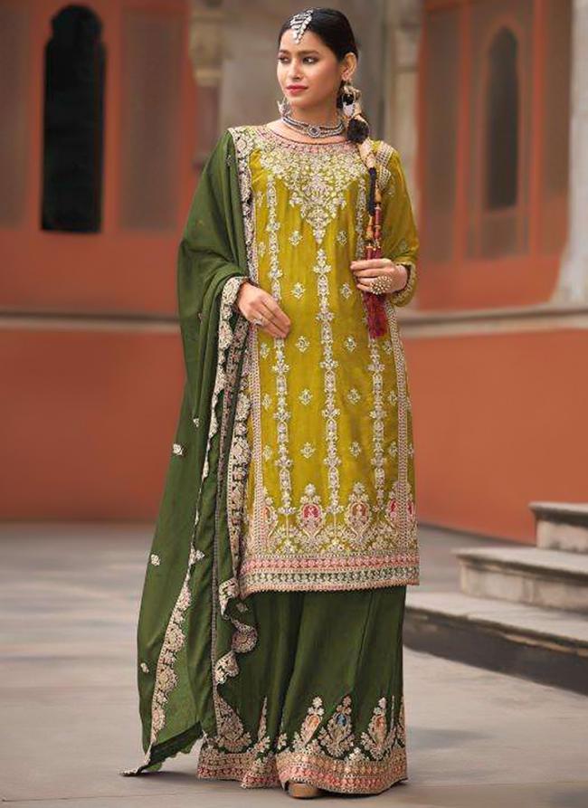 Pure Chinnon Yellow Wedding Wear Embroidery Work Readymade Plazzo Suit